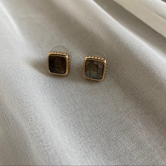 VTG Earth Tone Iridescent Crackle Square Earrings - Picture 3 of 6